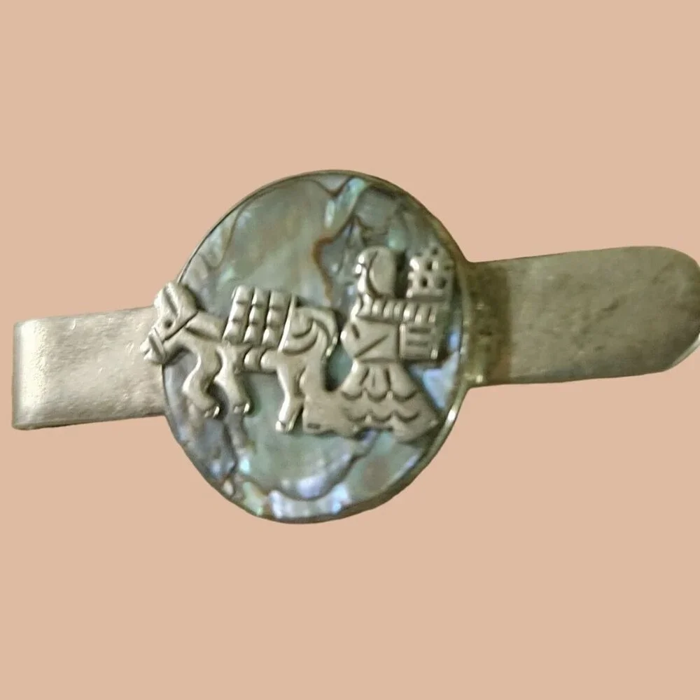 Kokopelli Abalone Inlay Tie or Money Clip Vintage Sterling Silver Stamped